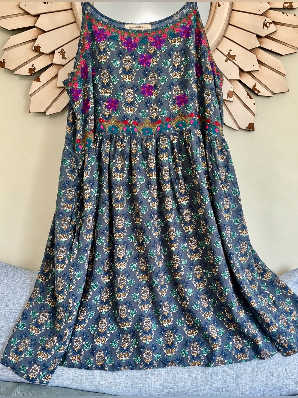 Natural Life XL Embroidered Floral Short Mini Dress Boho